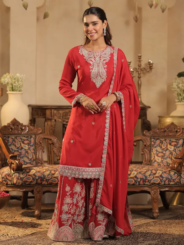 Maroon_Embroidered_Silk_Kurta_Trouser_Dupatta_Set