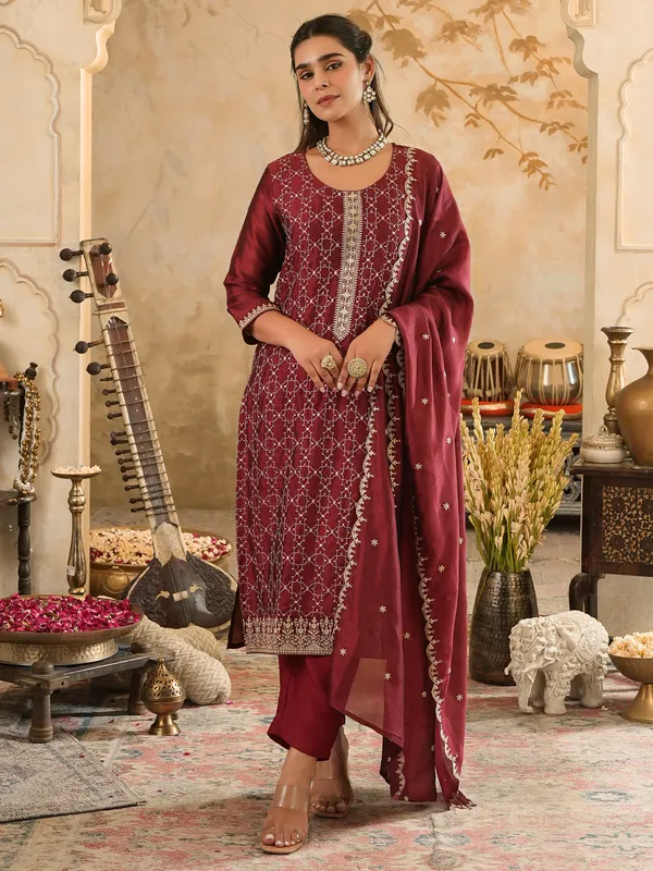 Maroon_Embroidered_Straight_Kurta_Trousers_With_Dupatta_Set