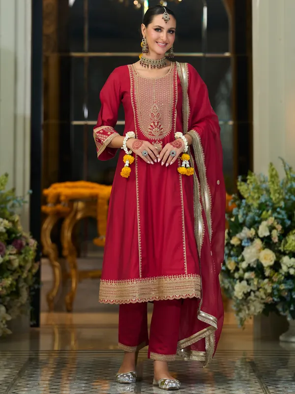 Maroon_Embroidered_Silk_Kurta_Trouser_Dupatta_Set