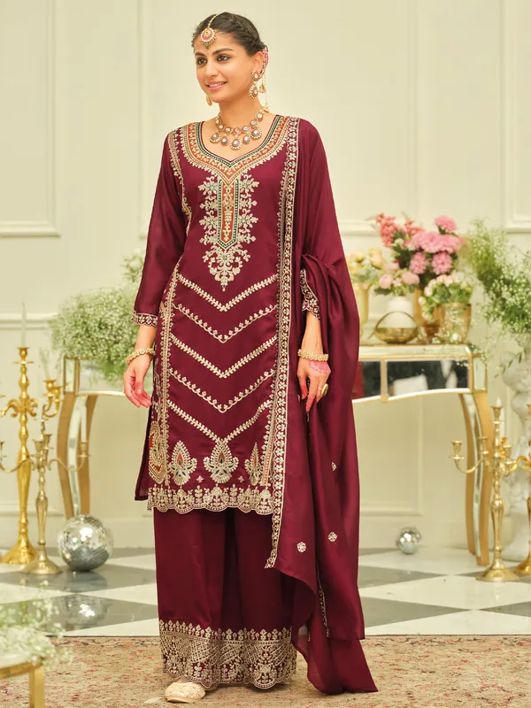 Maroon_Embroidered_Silk_Kurta_Trouser_Dupatta_Set