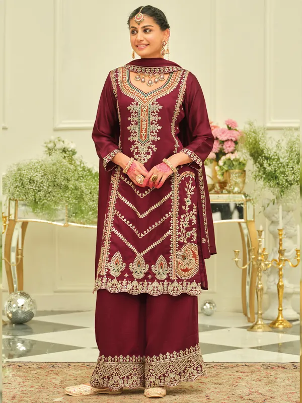Maroon_Embroidered_Silk_Kurta_Trouser_Dupatta_Set