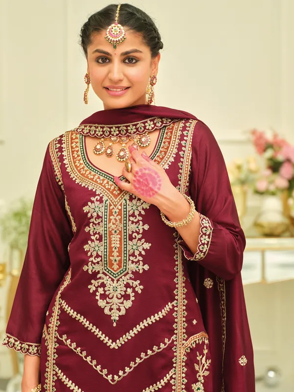 Maroon_Embroidered_Silk_Kurta_Trouser_Dupatta_Set