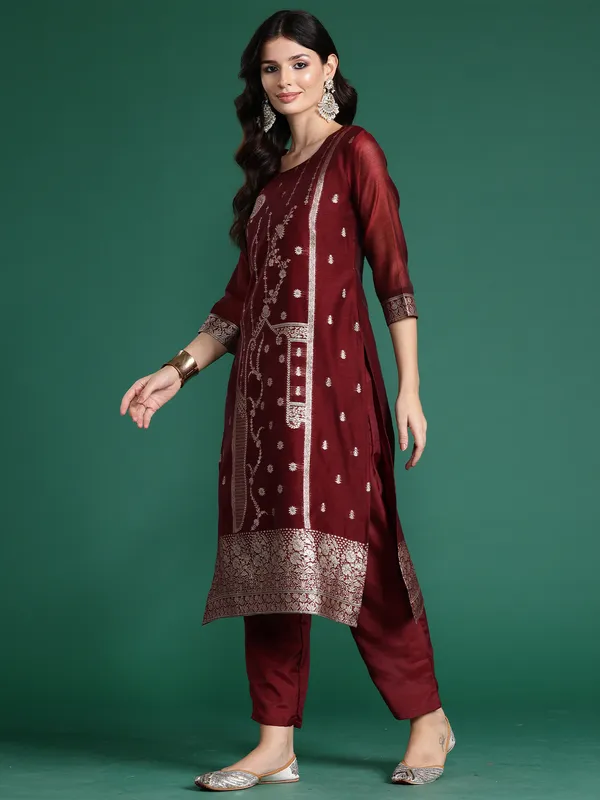 Maroon_Woven_Design_Straight_Kurta_Trousers_With_Dupatta_Set