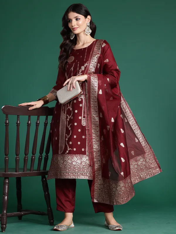 Maroon_Woven_Design_Straight_Kurta_Trousers_With_Dupatta_Set