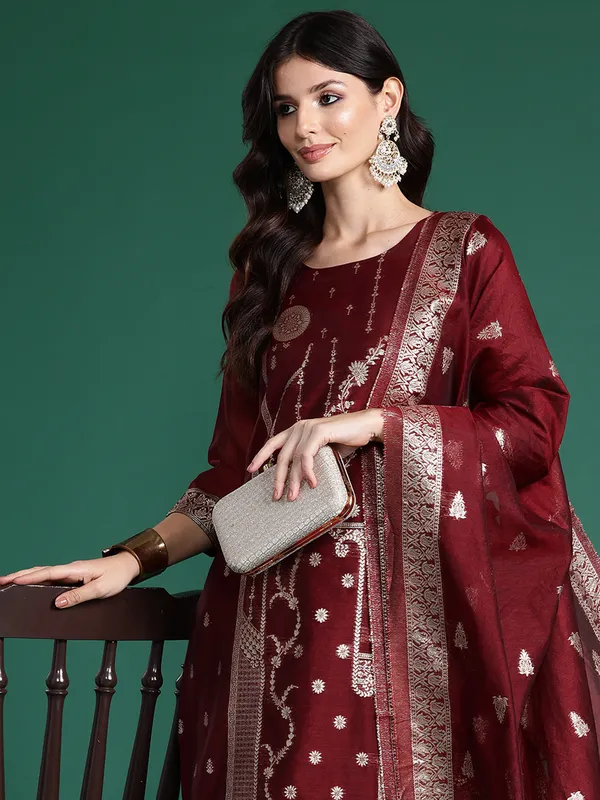 Maroon_Woven_Design_Straight_Kurta_Trousers_With_Dupatta_Set
