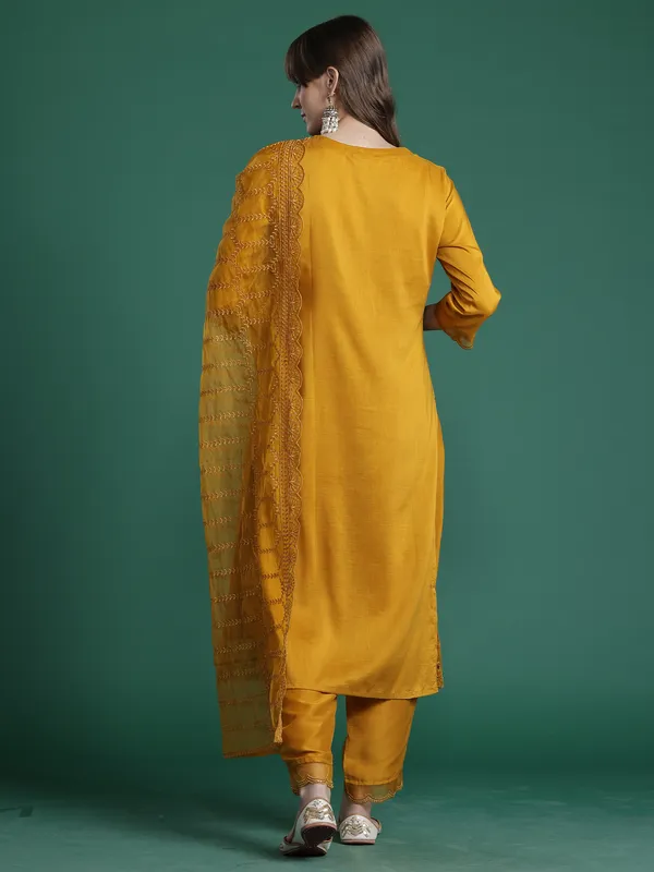 Mustard_Embroidered_Silk_Blend_Kurta_Trouser_Dupatta_Set