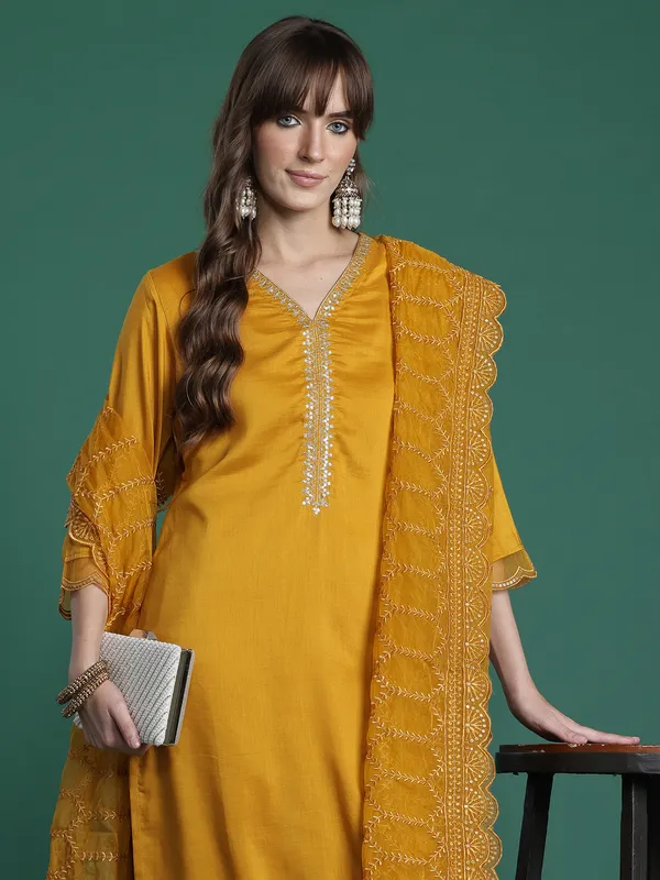 Mustard_Embroidered_Silk_Blend_Kurta_Trouser_Dupatta_Set