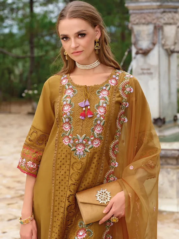 Mustard_Embroidered_Silk_Blend_Kurta_Trouser_Dupatta_Set