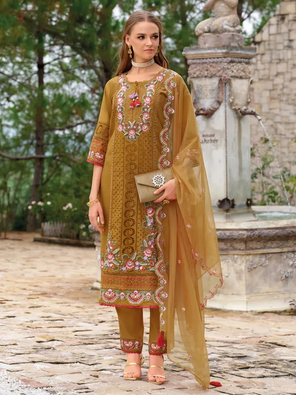 Mustard_Embroidered_Silk_Blend_Kurta_Trouser_Dupatta_Set