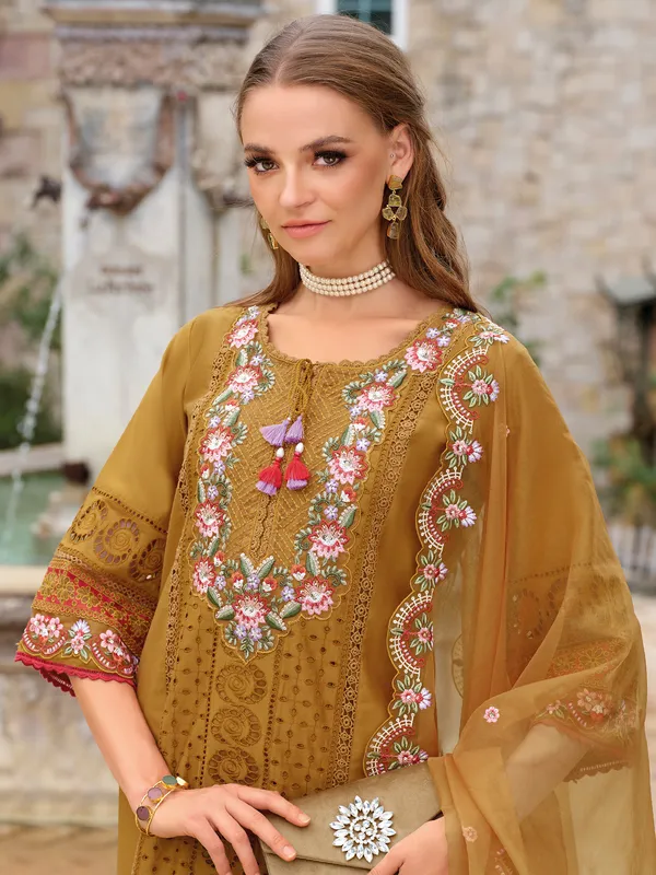 Mustard_Embroidered_Silk_Blend_Kurta_Trouser_Dupatta_Set