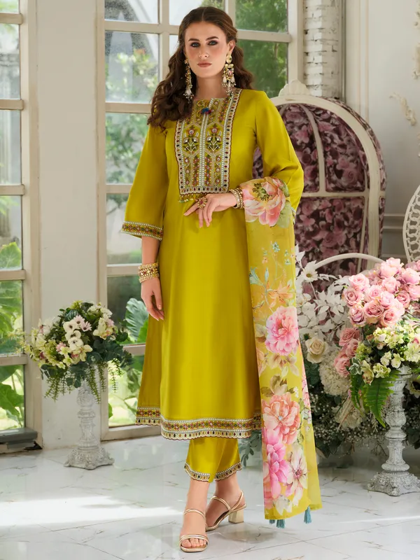 Mustard_Pure_Cotton_Embroidered_Kurta_Trouser_Dupatta_Set
