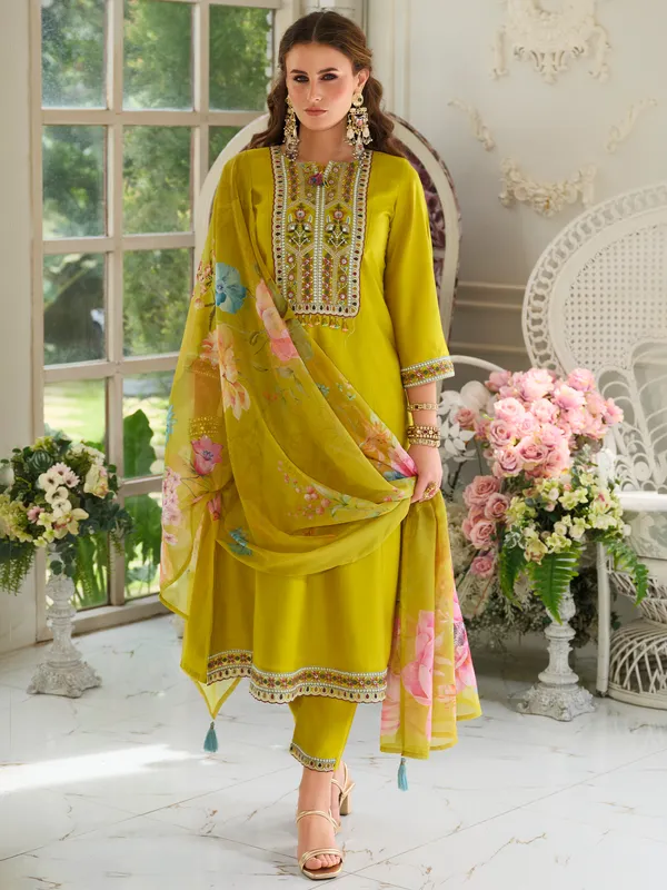 Mustard_Pure_Cotton_Embroidered_Kurta_Trouser_Dupatta_Set