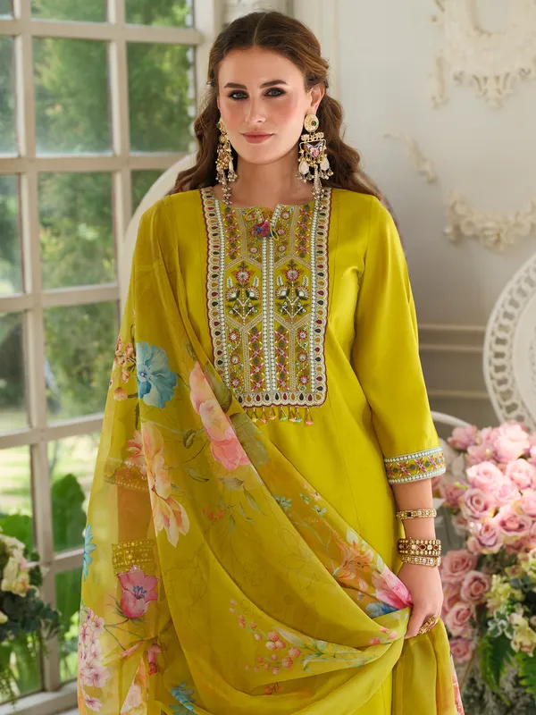 Mustard_Pure_Cotton_Embroidered_Kurta_Trouser_Dupatta_Set