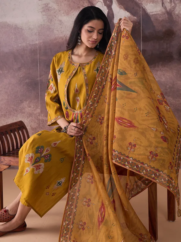 Mustard_Embroidered_Silk_Blend_Kurta_Trouser_Dupatta_Set