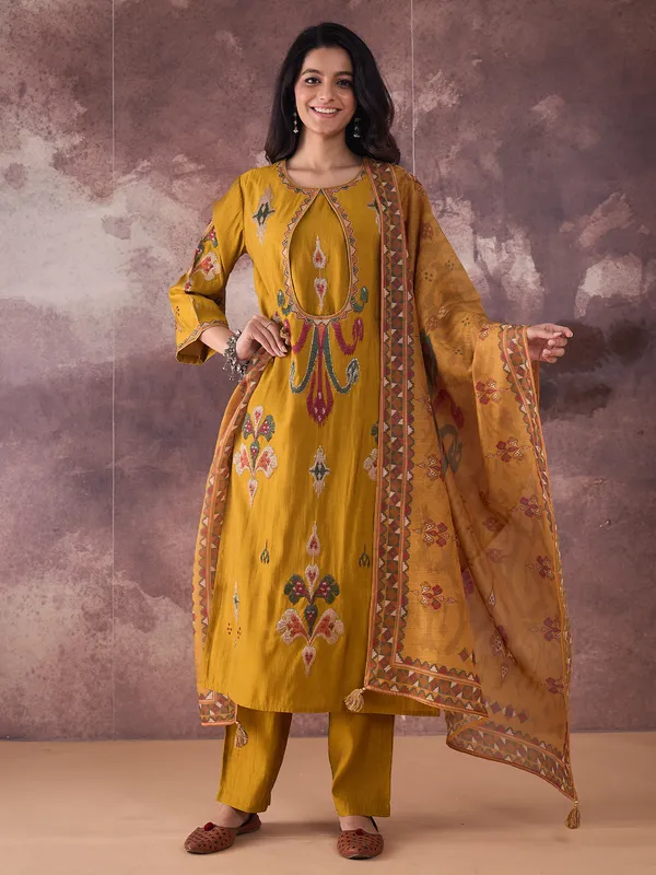 Mustard_Embroidered_Silk_Blend_Kurta_Trouser_Dupatta_Set
