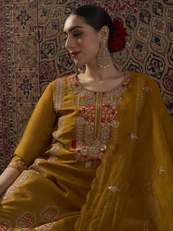 Mustard_Embroidered_Silk_Blend_Kurta_Trouser_Dupatta_Set