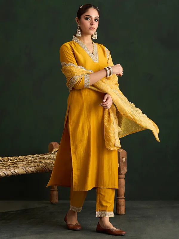 Mustard_Embroidered_Silk_Blend_Kurta_Trouser_Dupatta_Set