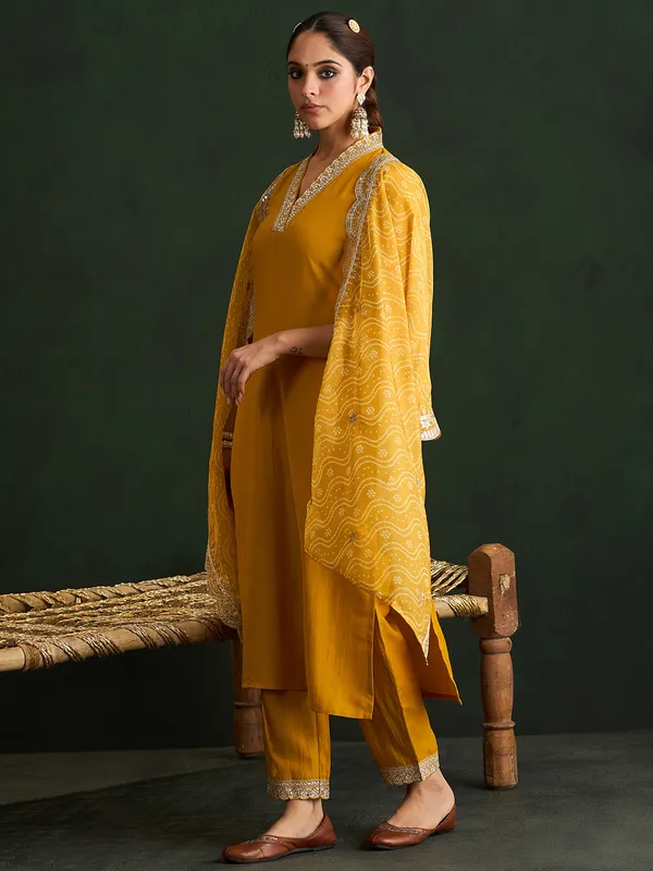 Mustard_Embroidered_Silk_Blend_Kurta_Trouser_Dupatta_Set