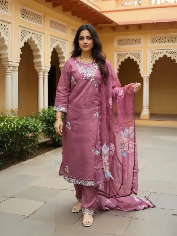 Mauve_Embroidered_Silk_Blend_Kurta_Trouser_Dupatta_Set