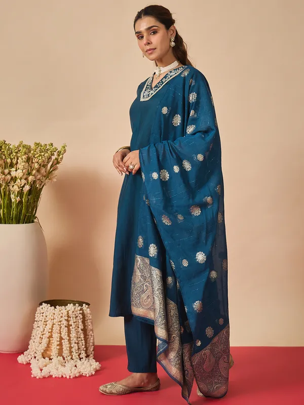 Navy_Blue_Embroidered_Silk_Kurta_Trouser_Dupatta_Set