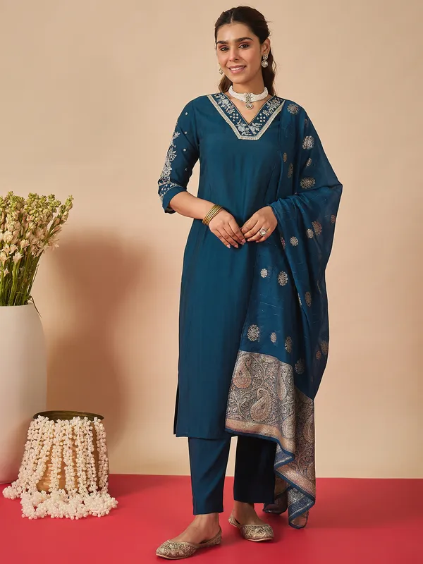 Navy_Blue_Embroidered_Silk_Kurta_Trouser_Dupatta_Set