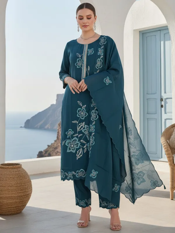 Navy_Blue_Embroidered_Silk_Blend_Kurta_Trouser_Dupatta_Set