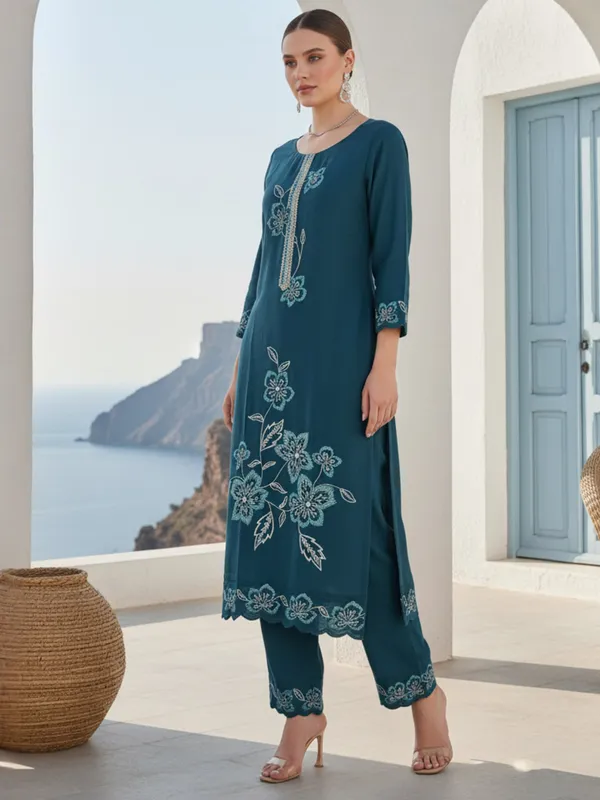 Navy_Blue_Embroidered_Silk_Blend_Kurta_Trouser_Dupatta_Set