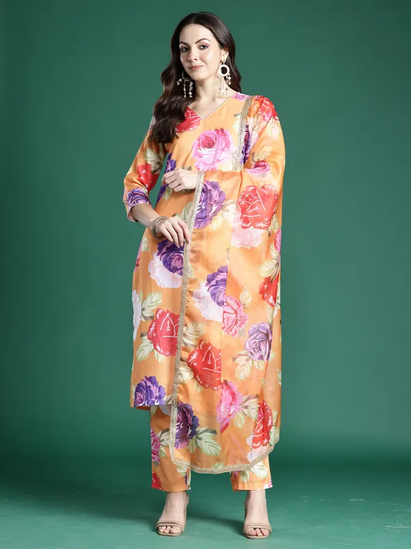 Orange_Pure_Cotton_Printed_Kurta_Trouser_Dupatta_Set