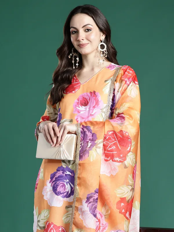 Orange_Pure_Cotton_Printed_Kurta_Trouser_Dupatta_Set