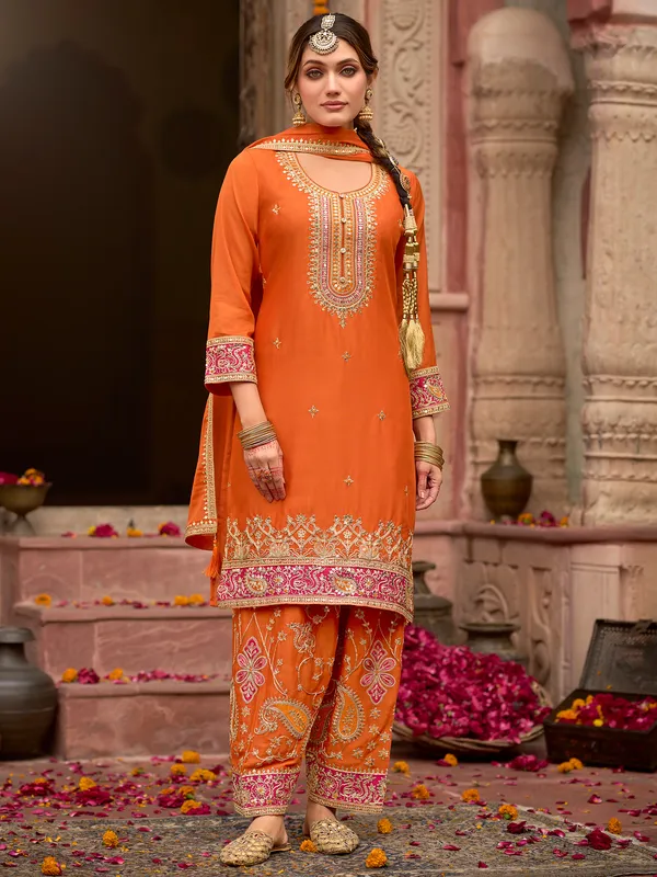 Orange_Embroidered_Chinon_Kurta_Trouser_Dupatta_Set