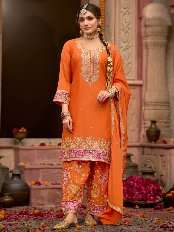 Orange_Embroidered_Chinon_Kurta_Trouser_Dupatta_Set