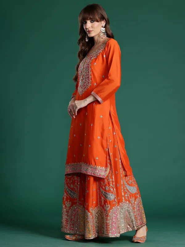 Orange_Embroidered_Chinon_Kurta_Trouser_Dupatta_Set