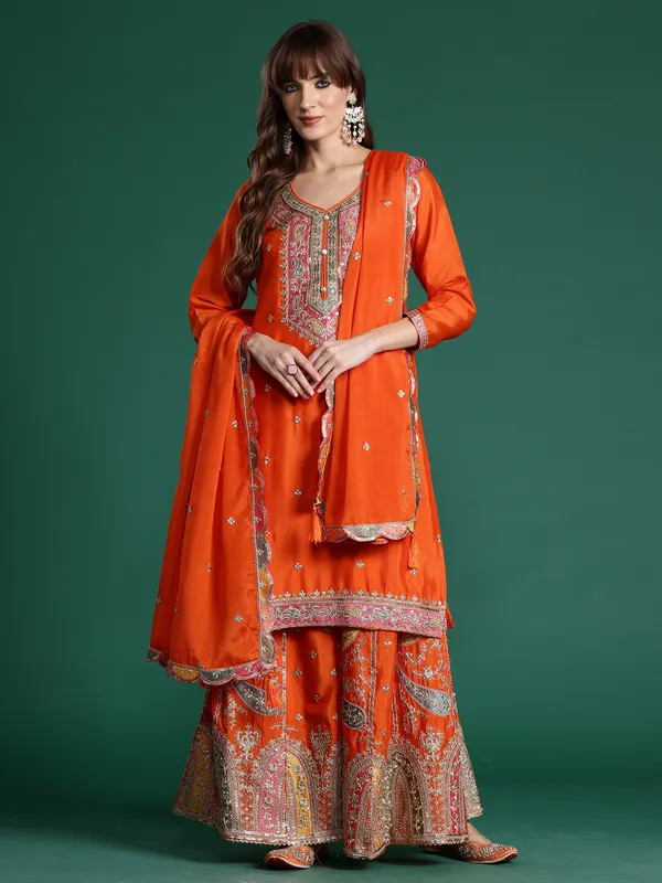 Orange_Embroidered_Chinon_Kurta_Trouser_Dupatta_Set