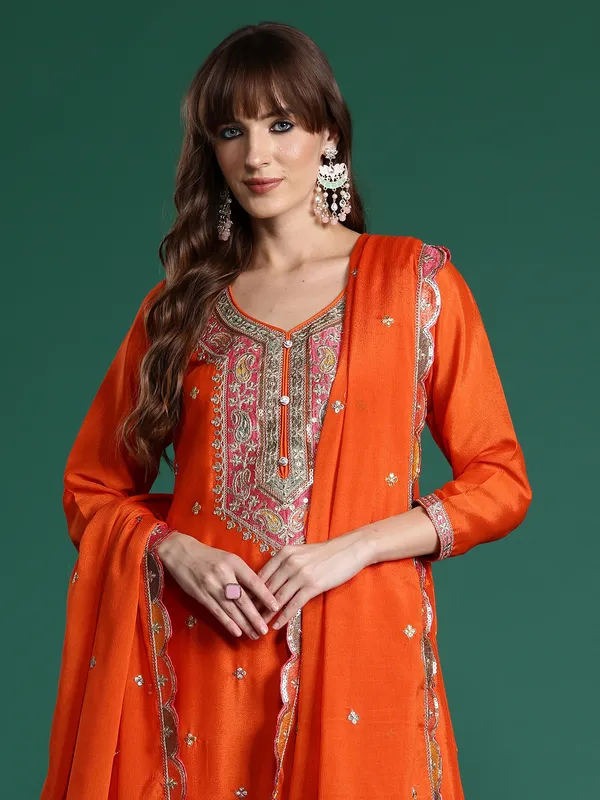 Orange_Embroidered_Chinon_Kurta_Trouser_Dupatta_Set