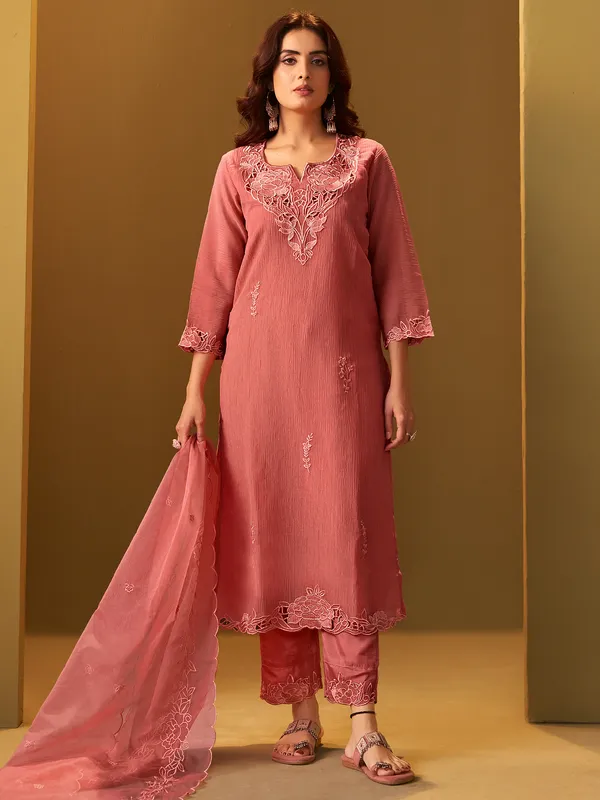 Orange_Embroidered_Silk_Blend_Kurta_Trouser_Dupatta_Set