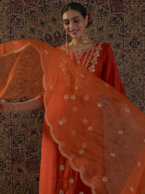 Orange_Embroidered_Silk_Blend_Kurta_Trouser_Dupatta_Set