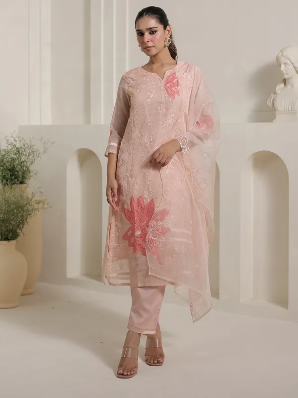 Peach_Embroidered_Organza_Kurta_Trouser_Dupatta_Set