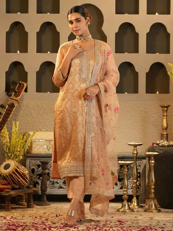 Peach_Embroidered_Silk_Kurta_Trouser_Dupatta_Set