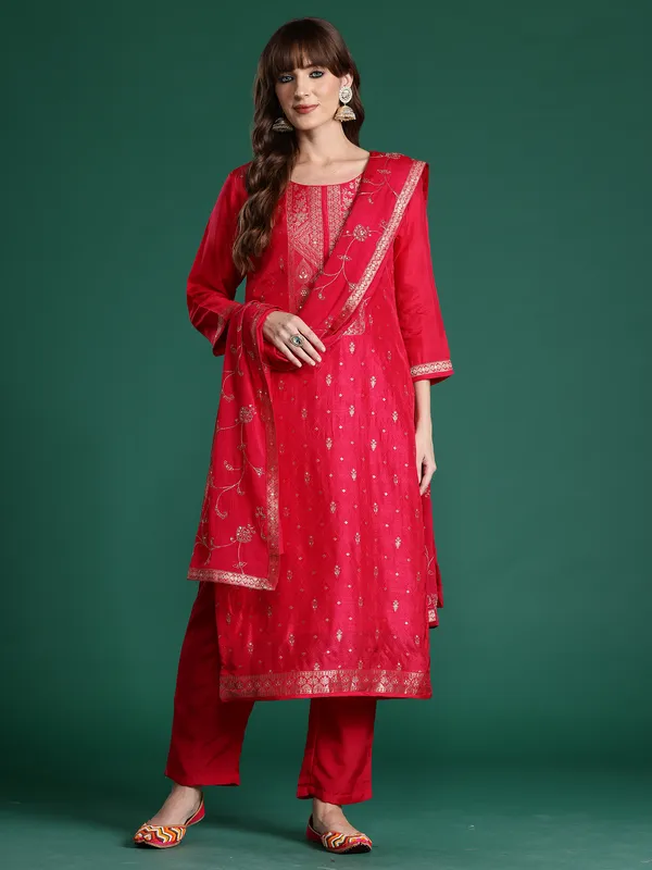 Pink_Woven_Design_Silk_Blend_Kurta_Trouser_Dupatta_Set