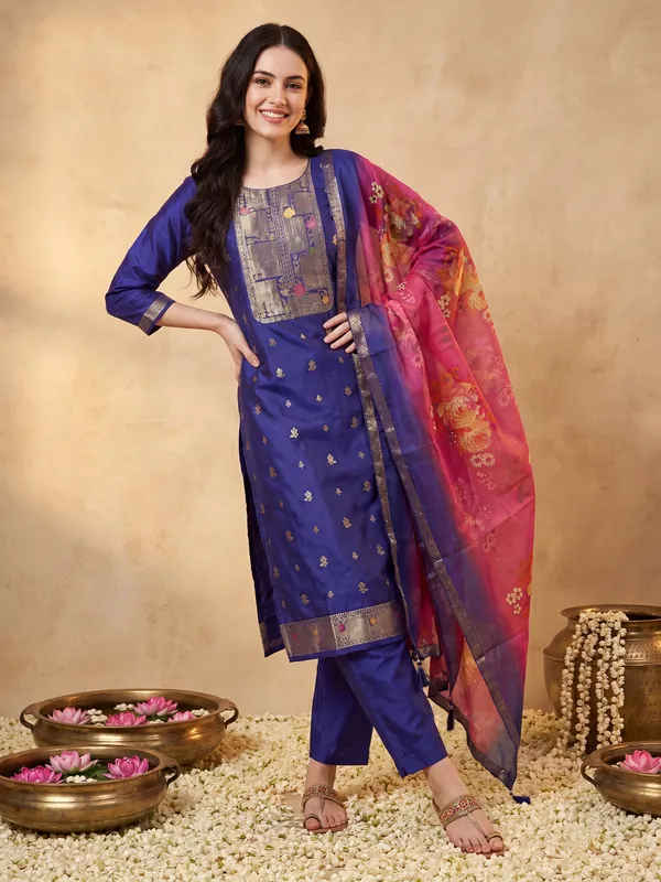 Purple_Woven_Design_Silk_Blend_Kurta_Trouser_Dupatta_Set