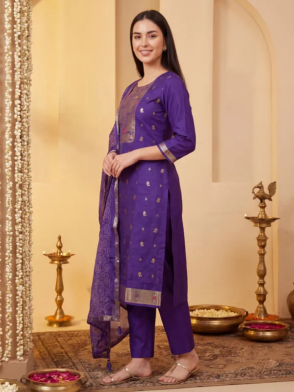 Purple_Woven_Design_Straight_Kurta_Trousers_With_Dupatta_Set