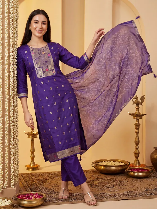 Purple_Woven_Design_Straight_Kurta_Trousers_With_Dupatta_Set
