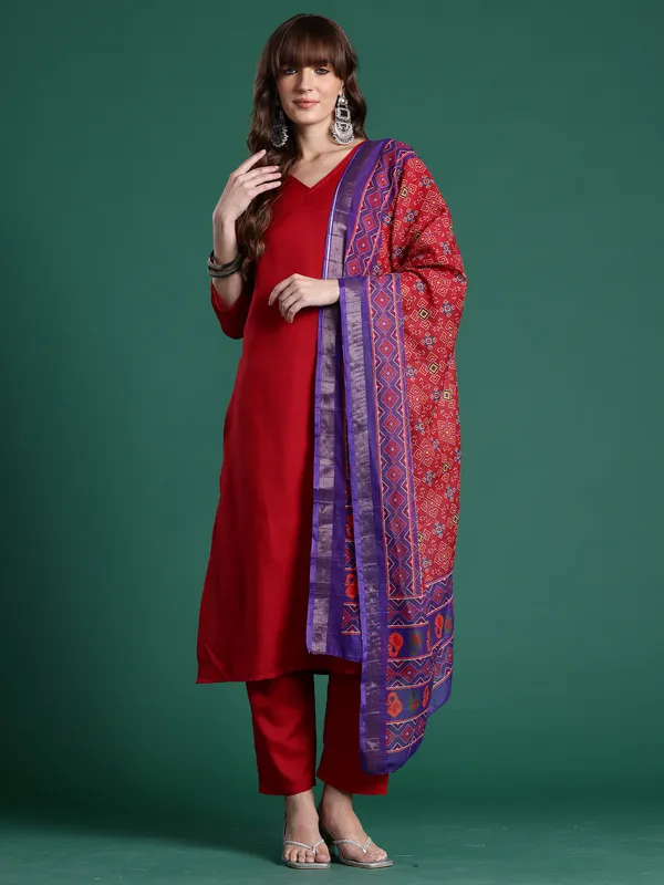 Red_Pure_Cotton_Printed_Kurta_Trouser_Dupatta_Set