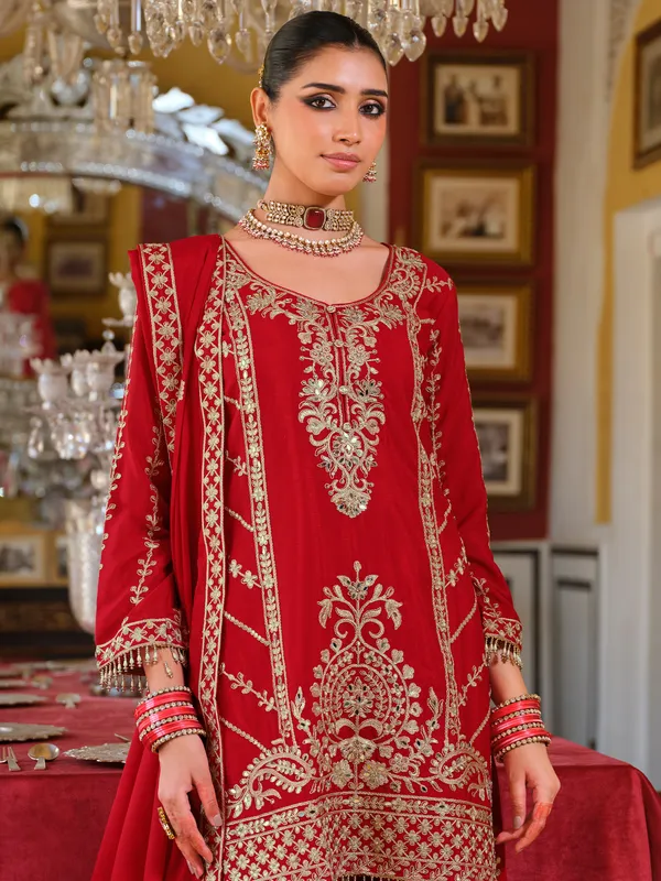Red_Embroidered_Chinon_Kurta_Trouser_Dupatta_Set