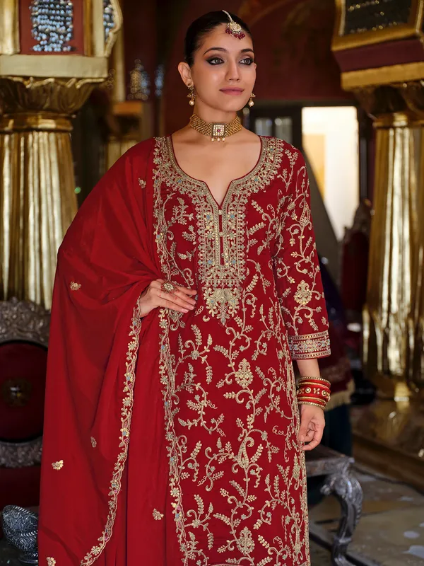 Red_Embroidered_Chinon_Kurta_Trouser_Dupatta_Set