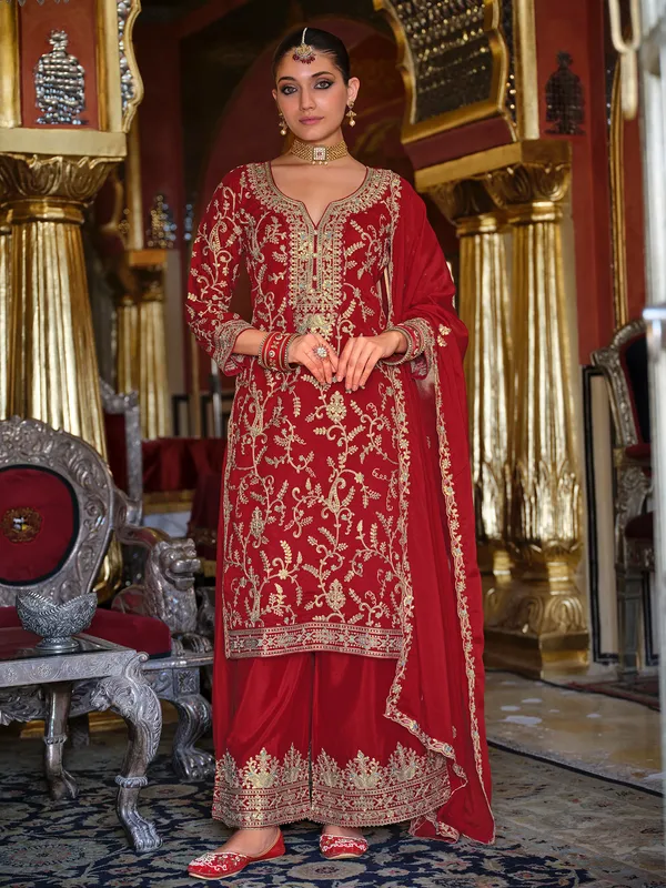 Red_Embroidered_Chinon_Kurta_Trouser_Dupatta_Set