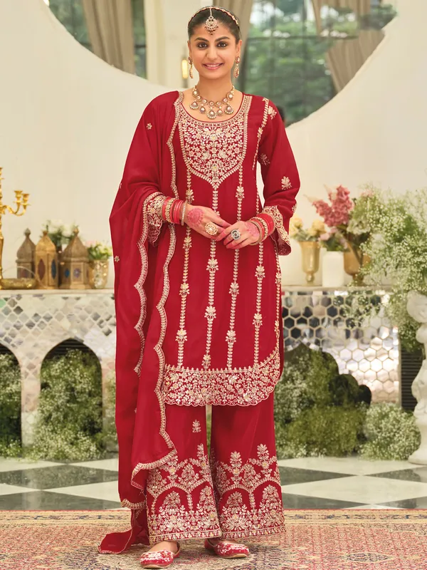 Red_Embroidered_Chinon_Kurta_Trouser_Dupatta_Set