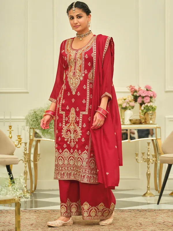 Red_Embroidered_Silk_Kurta_Trouser_Dupatta_Set