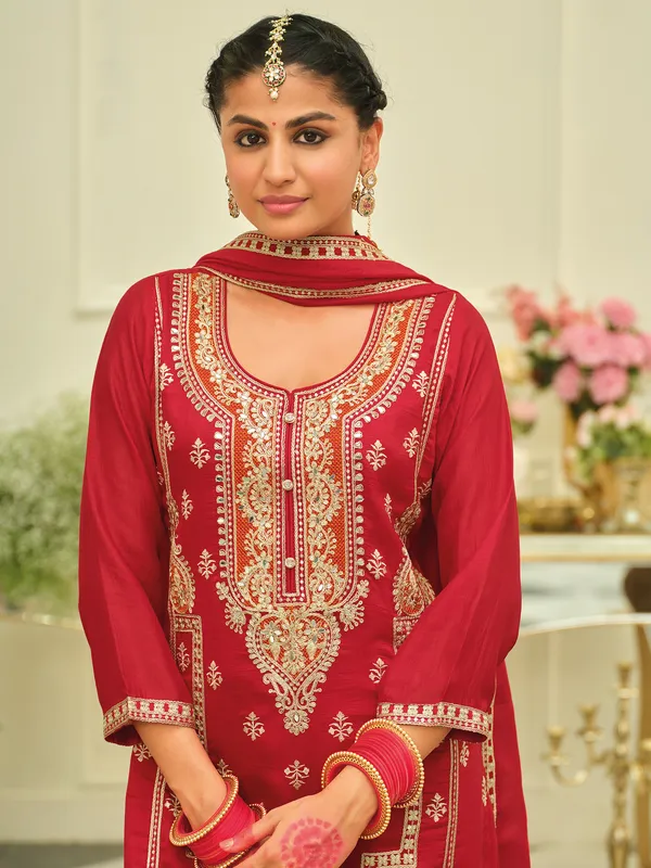 Red_Embroidered_Silk_Kurta_Trouser_Dupatta_Set