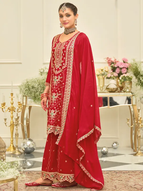 Red_Embroidered_Silk_Blend_Kurta_Trouser_Dupatta_Set